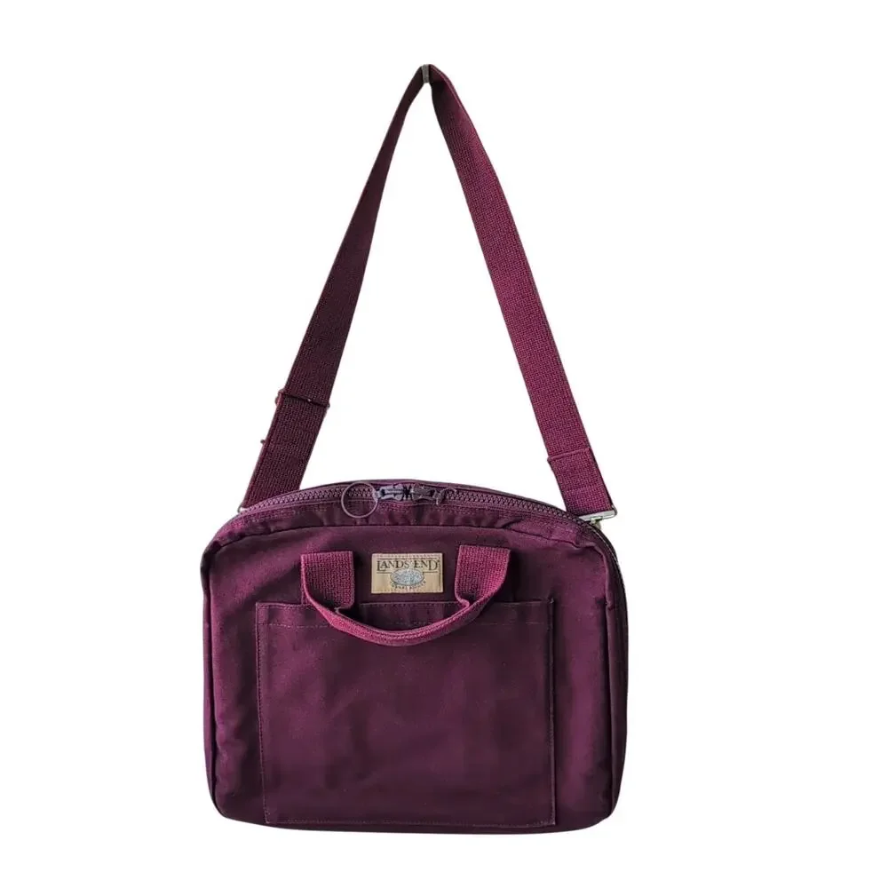 Vintage Maroon Canvas Lands' End Square Rigger Briefcase Bag Adjustable Strap